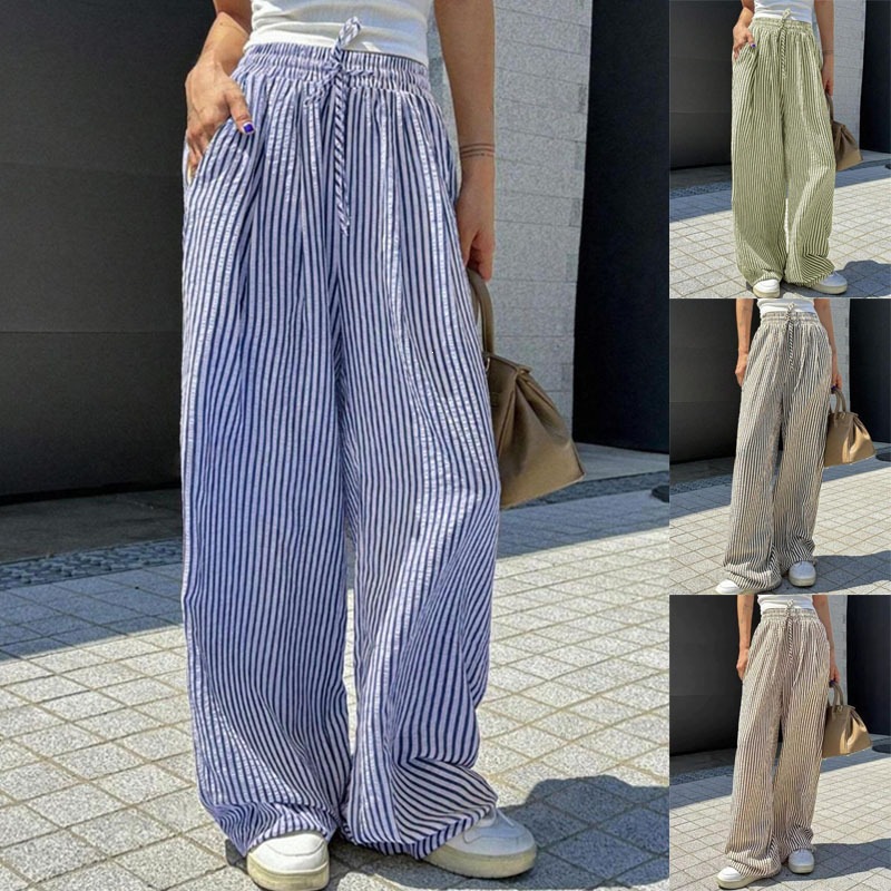 Striped Wide-Leg Drawstring Pants with Pockets