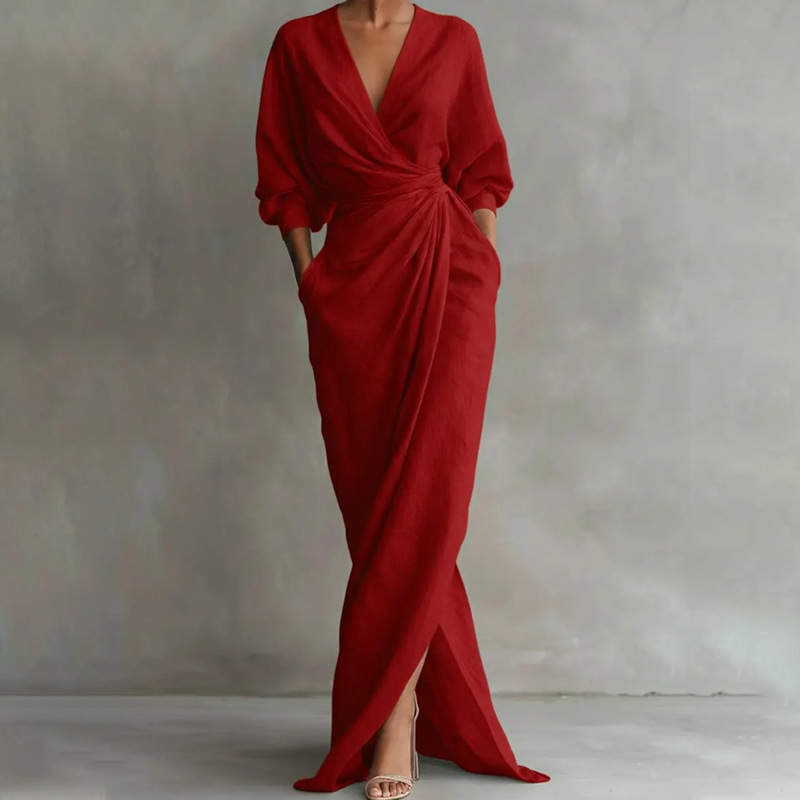 Women's Elegant Solid Cross V-Neck Long Sleeve Slim Waist Midi Dress