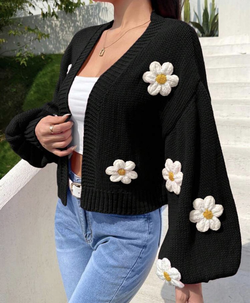Women's 3D Floral Cardigan Sweater Short Loose Knit V-Neck