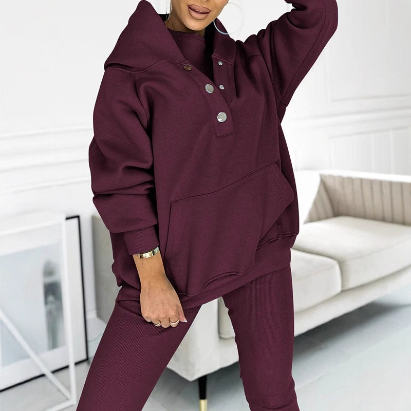Solid Hooded Button Sweatshirt and Pants Set