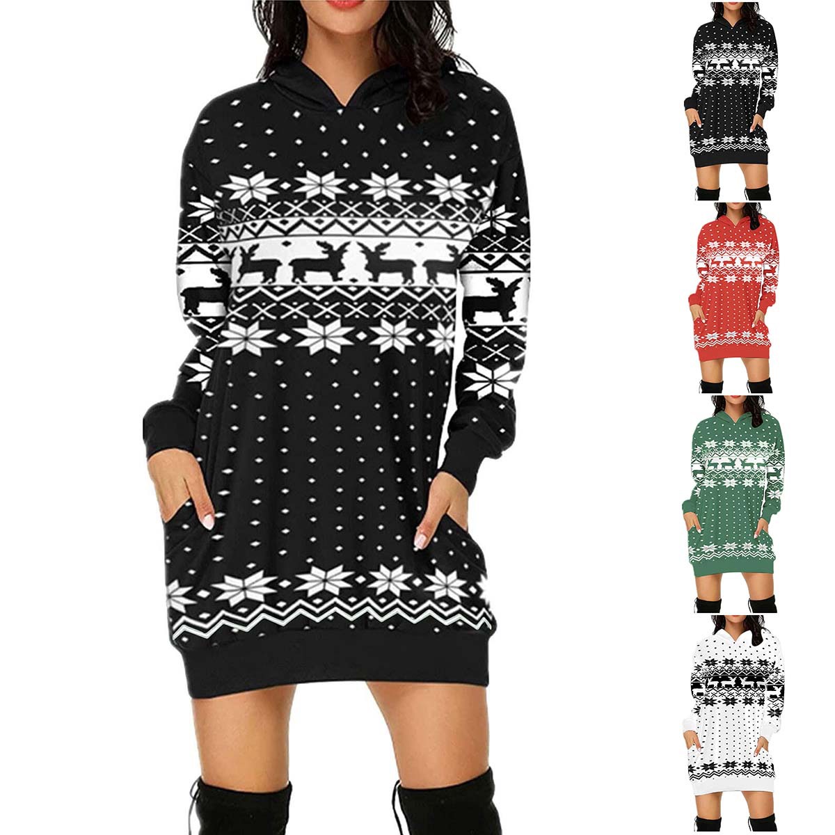 Christmas Snowflake Deer Print Hoodie Dress with Kangaroo Pocket