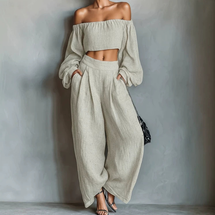 Women's Off-Shoulder Top & Wide-Leg Pants Set