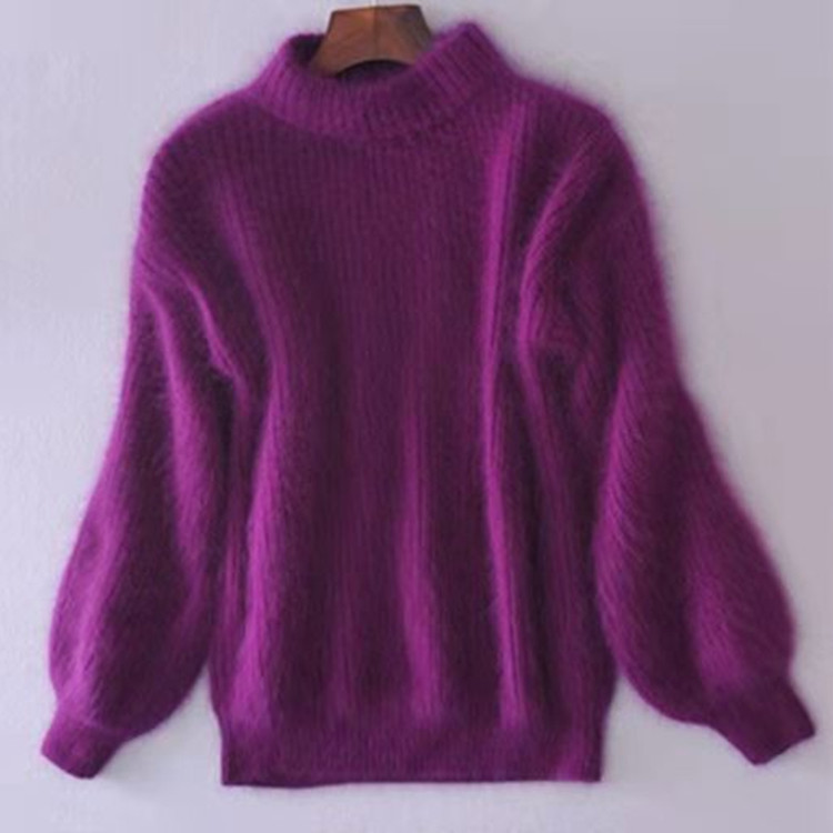 Faux Mink Half-Turtleneck Lantern-Sleeve Knit Sweater