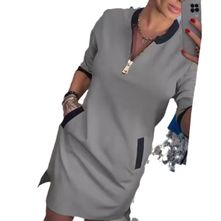 V-Neck Zip Midi A-Line Dress with Three-Quarter Sleeves