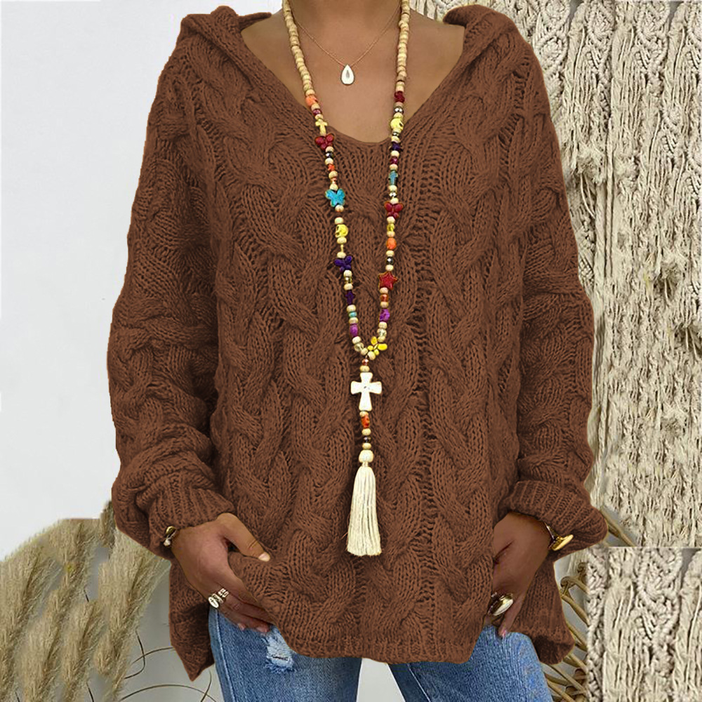 Women's Cable Knit V-Neck Hooded Pullover Sweater