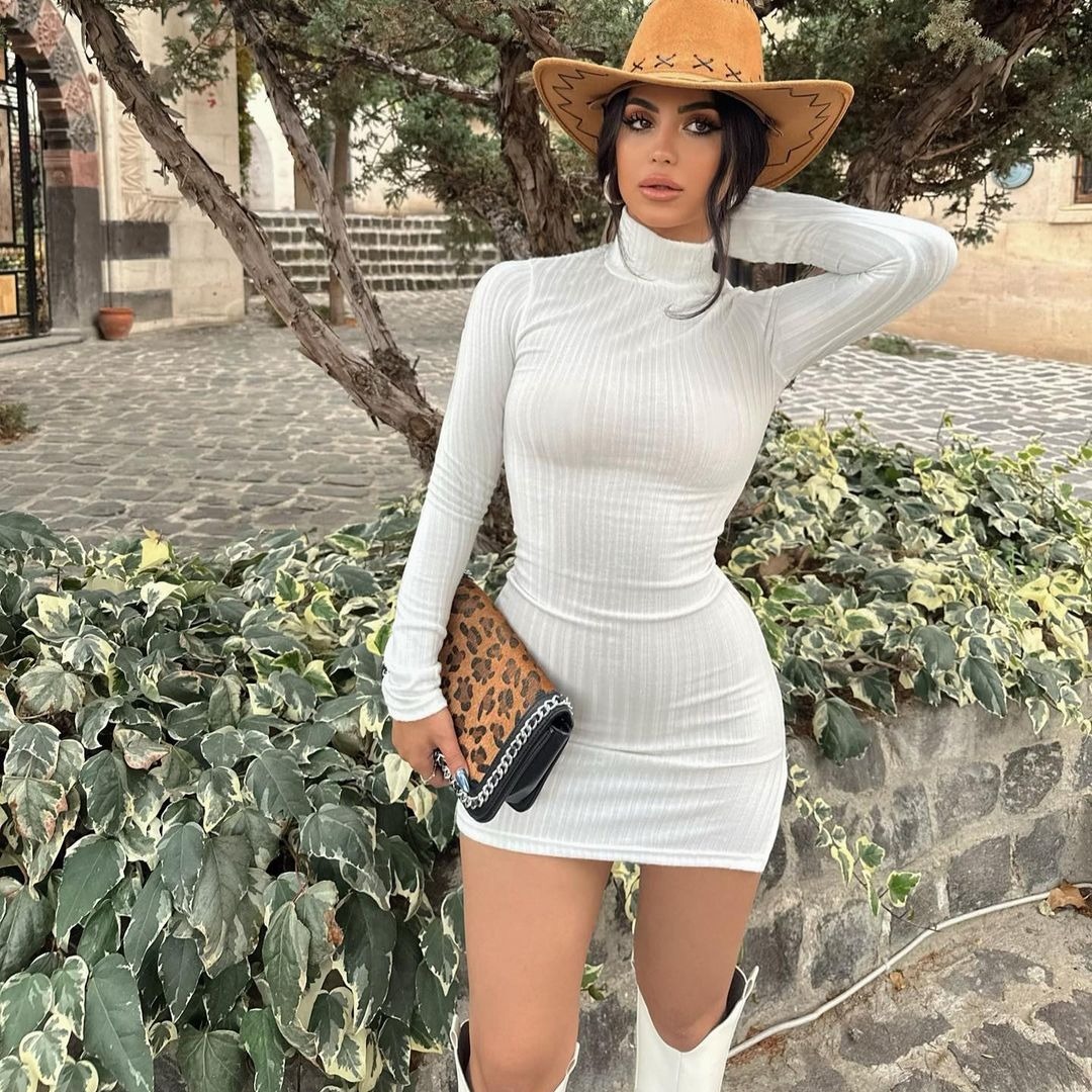 High Neck Waist-Cinching Knit Bodycon Dress Long Sleeve Slit