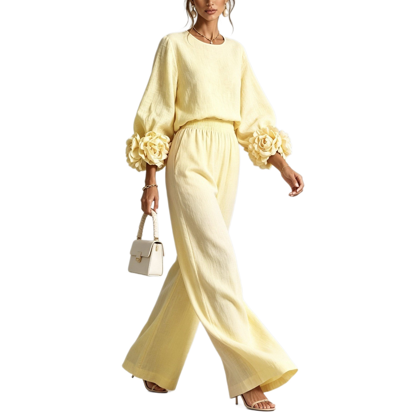 Floral Cuff Top and Wide-Leg Pants Set