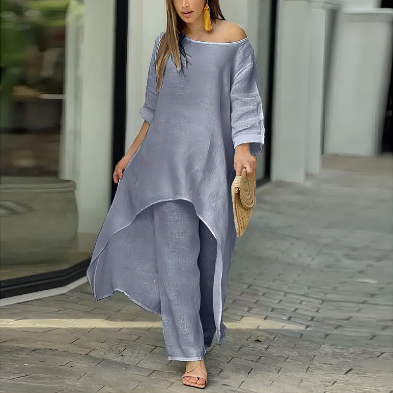 Women's Cotton-Linen Asymmetric Long-Sleeve Wide-Leg Two-Piece Set