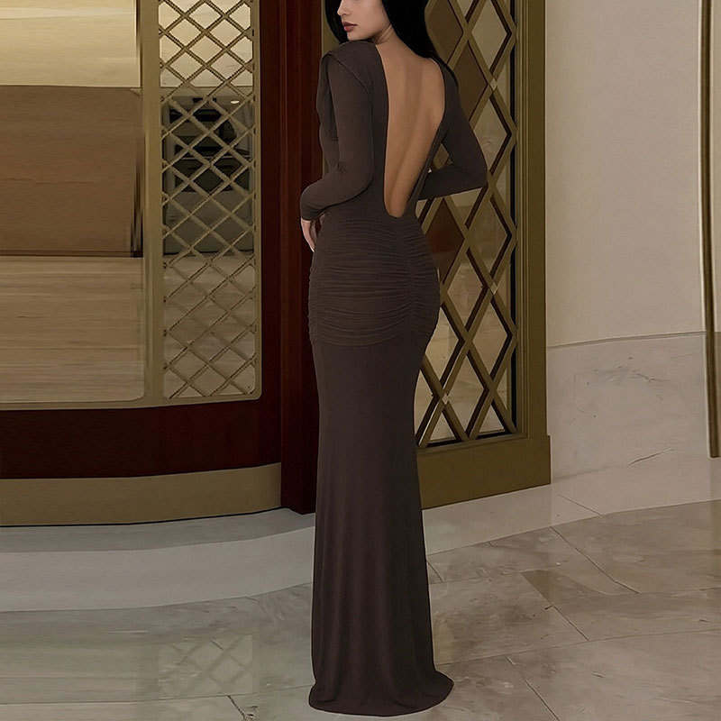 Women's Elegant Solid Color Long Dress V-Neck Long Sleeve High Waist A-Line