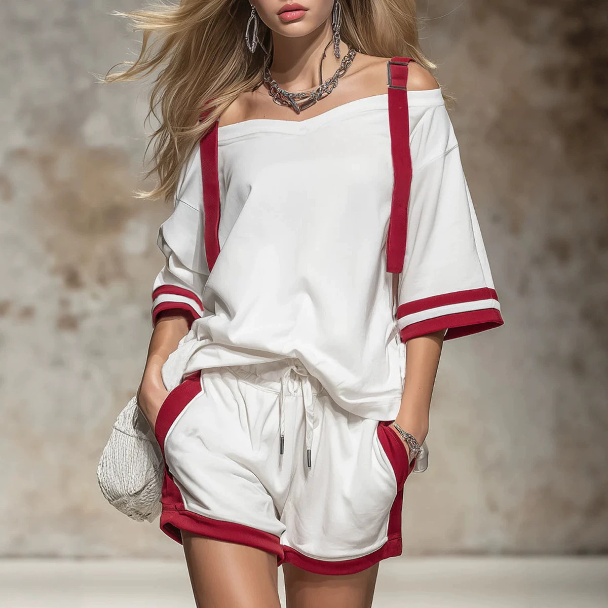 Women's Off-Shoulder Colorblock T-Shirt Set Casual Summer