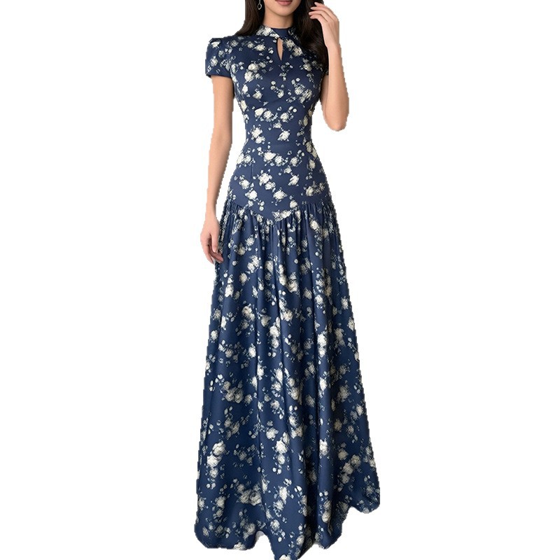 Women's Slim Fit Elegant Floral Print Waist-Cinched French Dress