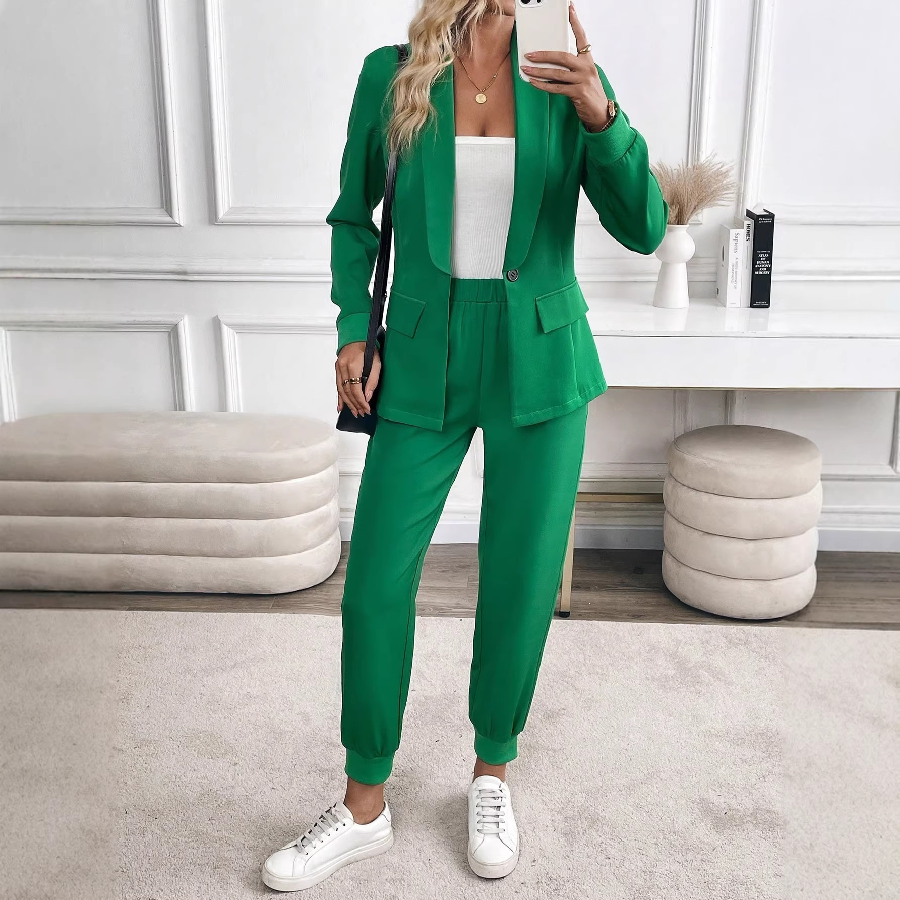 Women's Solid Color Blazer and Jogger Pants Set