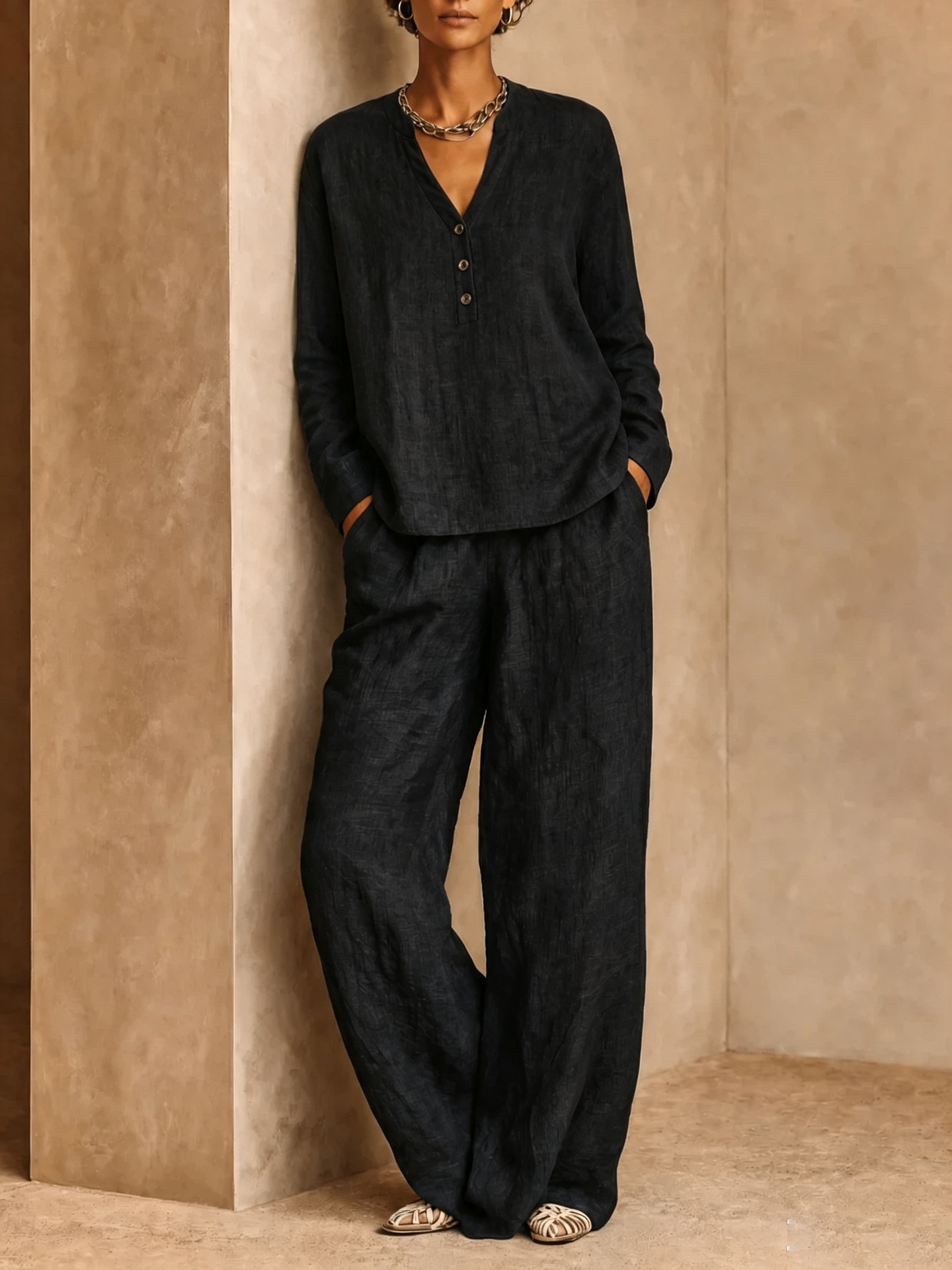 Women's V-Neck Button Solid Long Sleeve Top & Wide-Leg Pants 2-Piece Set