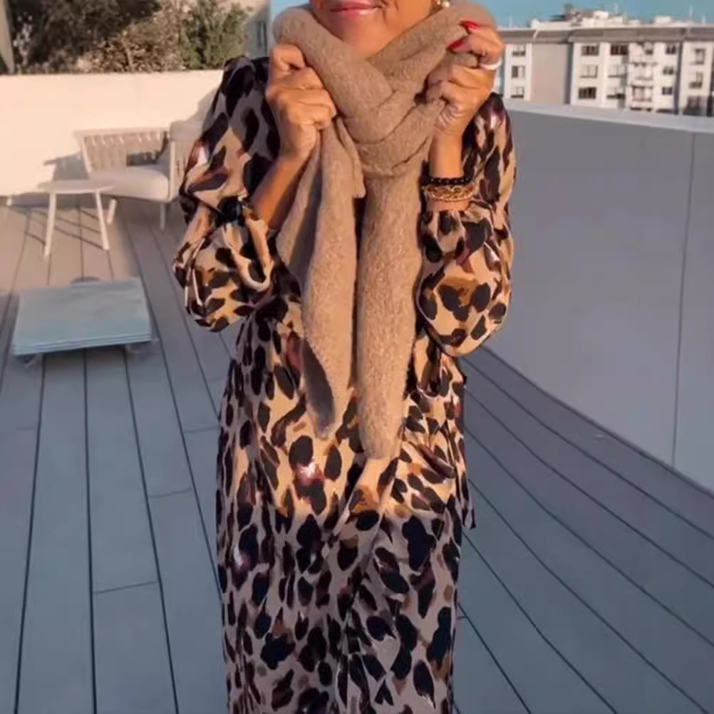 V-Neck Leopard Print Long Sleeve Casual Dress