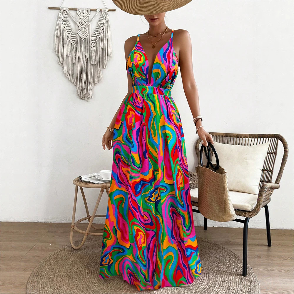 Tie-Dye Rainbow Print Halter Maxi Dress Backless