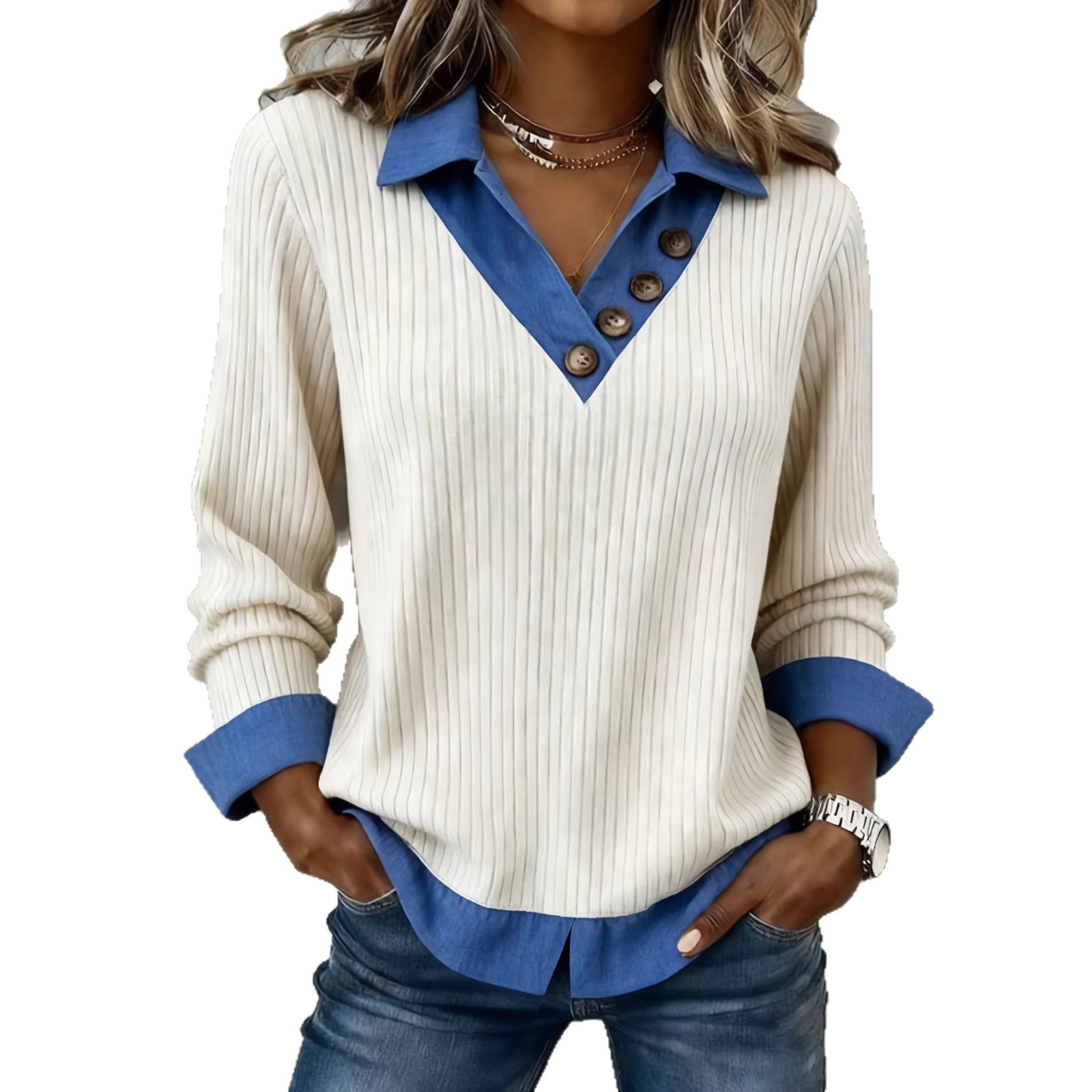 Women's Denim Collar Long Sleeve Color-Block Knit Pullover Top