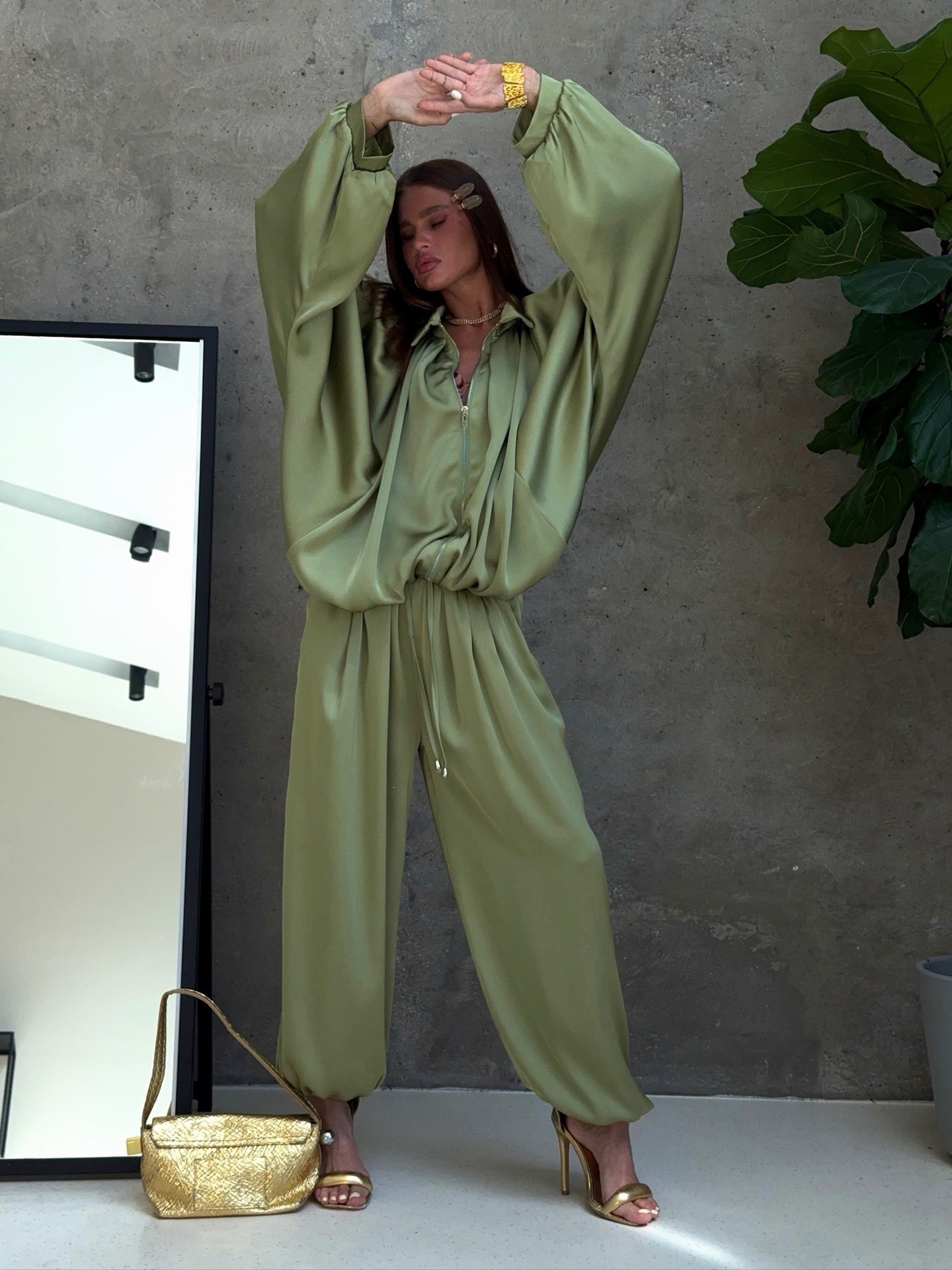 Acetate Satin Two-Piece Set with Collared Zip Top and Drawstring Jogger Pants