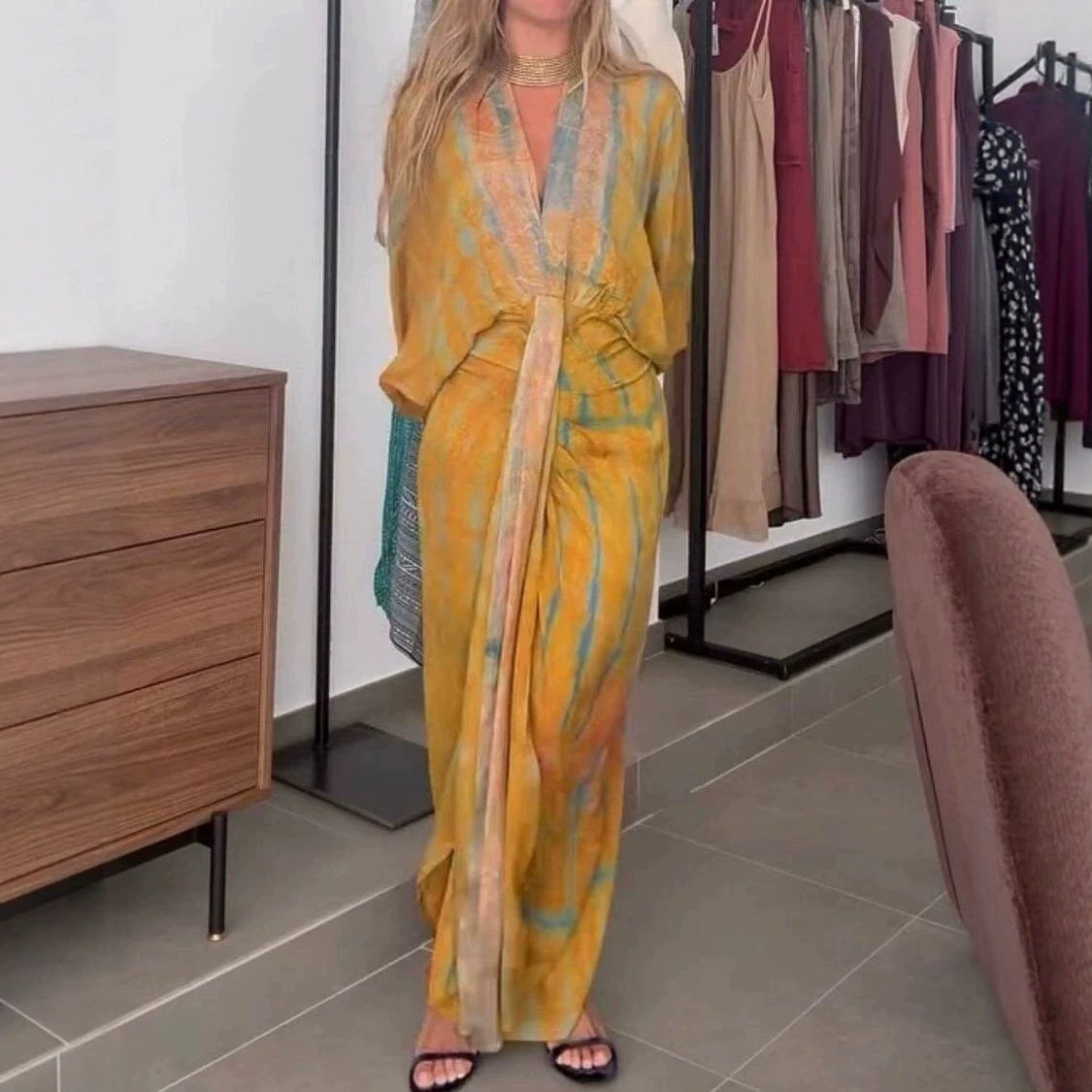 Boho Tie-Dye V-Neck Batwing Sleeve Maxi Dress