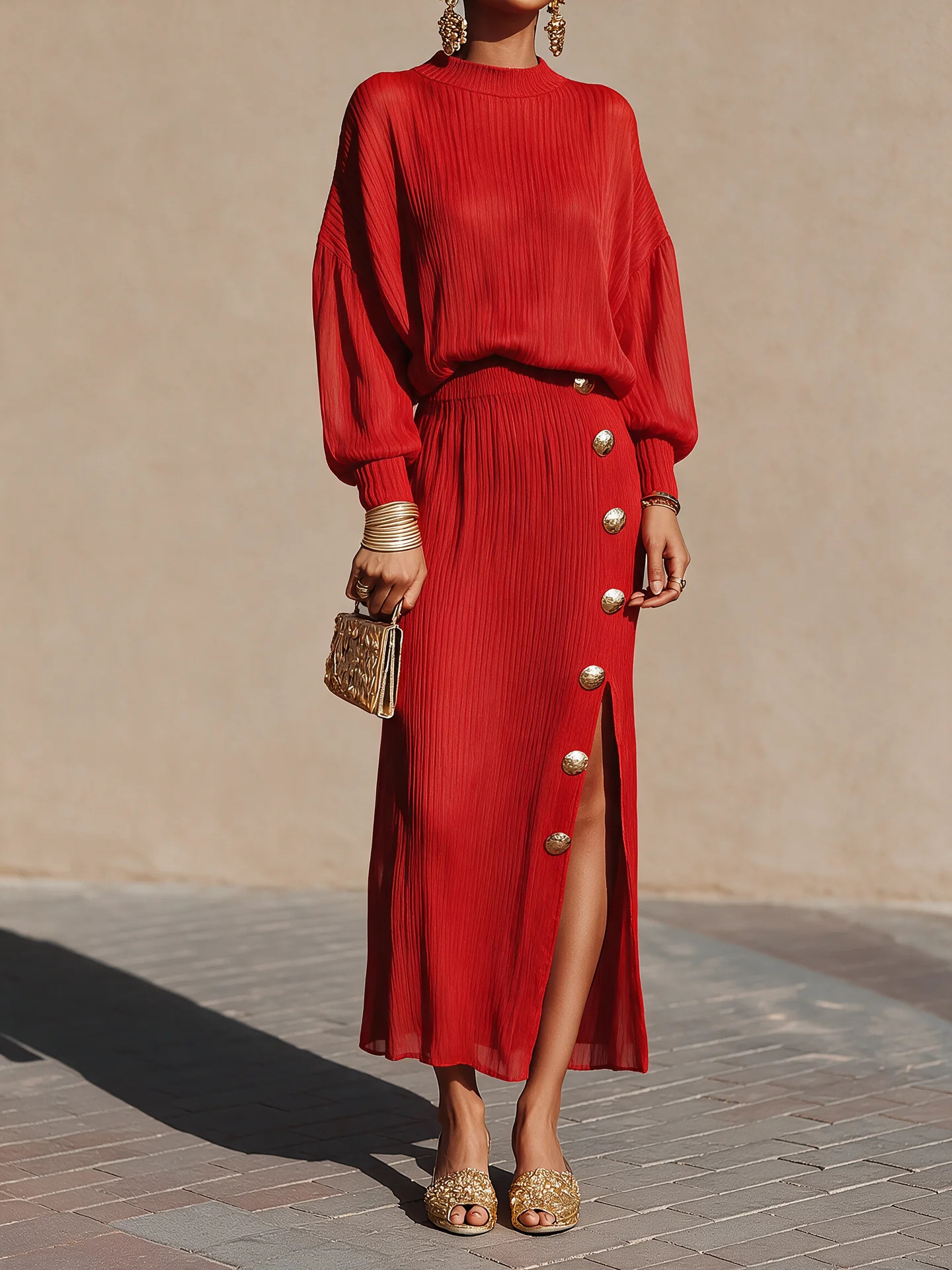 Women's Solid Pleated Knit Long-Sleeve Top and Button Slit Skirt Two-Piece Set