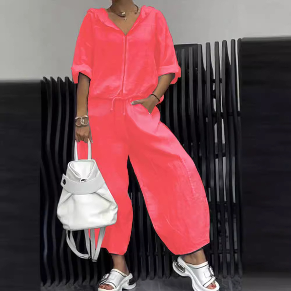Women's Zip-Up Hooded Cotton-Linen Long Sleeve Top and Pants Set