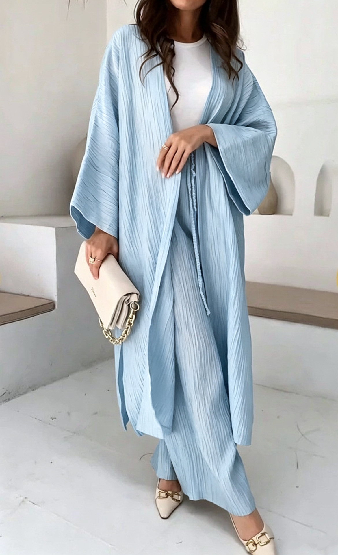 Minimalist Crinkle Textured Two-Piece Set with Long Kimono Sleeve Cardigan and High-Waist Wide-Leg Pants