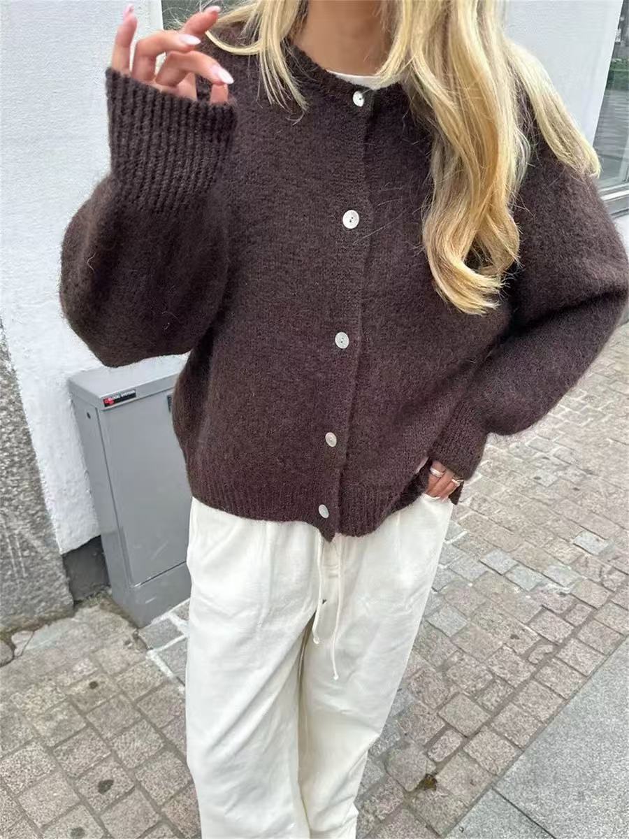 Women's Loose Knit Button-Front Cardigan Sweater Long Sleeve Crew Neck