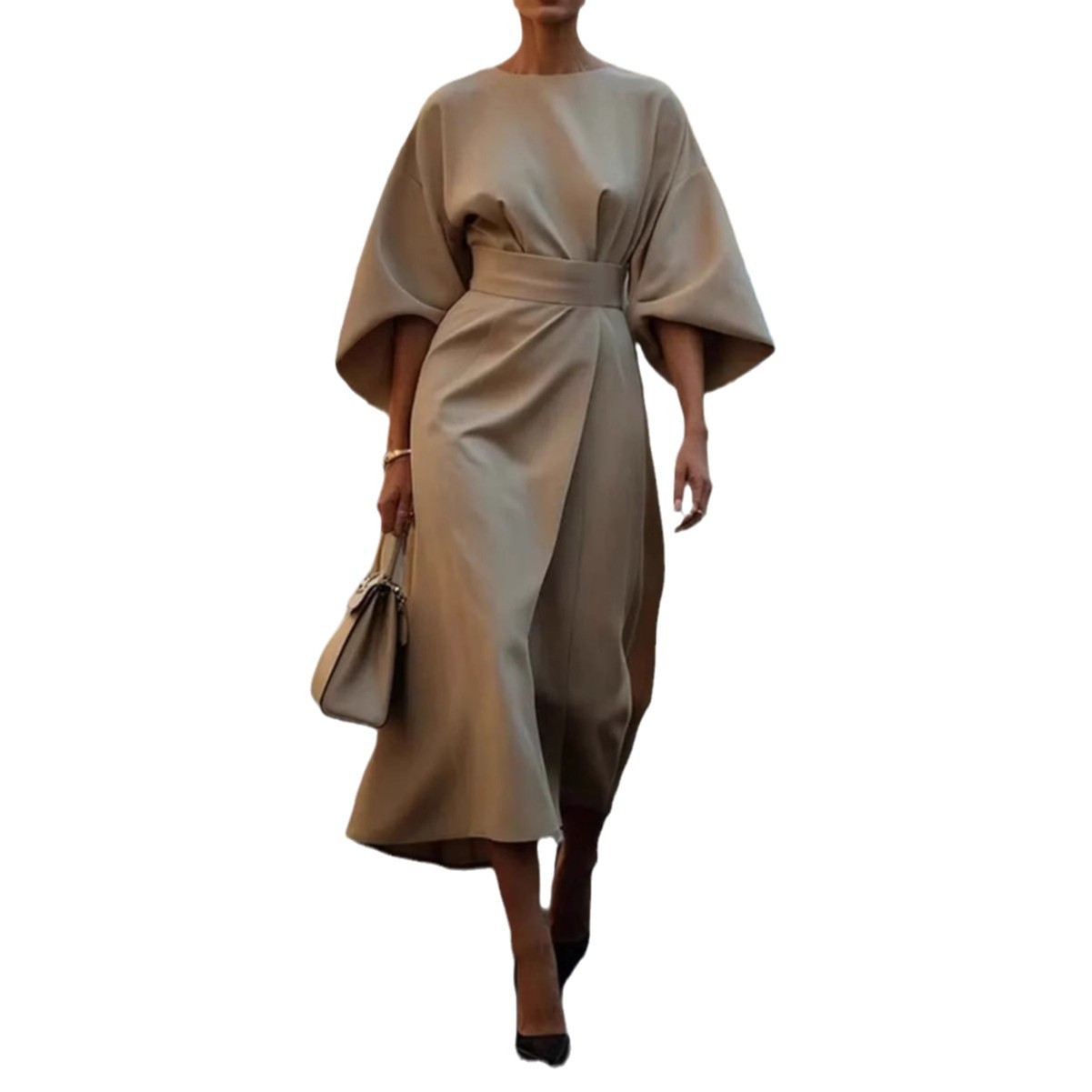 Women's Solid Color Cinched Waist Batwing Sleeve Maxi Dress