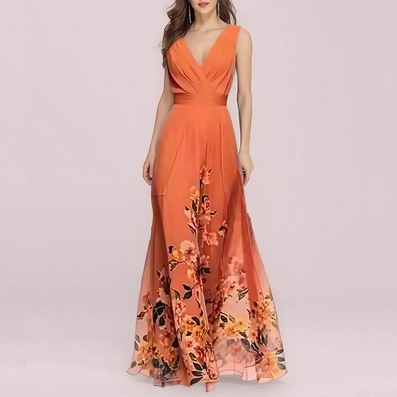 Women's Botanical Print V-Neck Sleeveless A-Line Maxi Dress