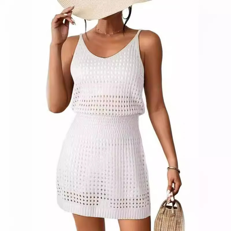 Sexy Knit Cami Dress with Waist-Cinching and Cutout Detail, White Beach Dress