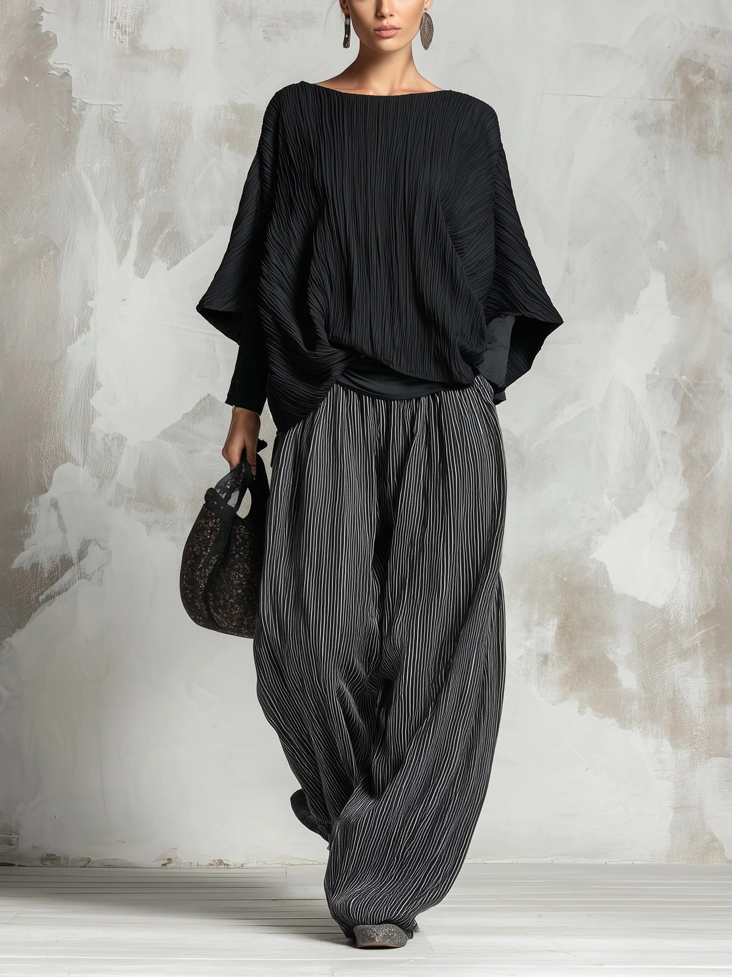 Women's Pleated Batwing Sleeve Top & Wide-Leg Pants Two-Piece Set