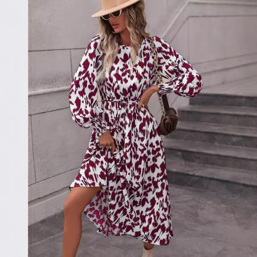 Leopard Print Tie-Waist Long Sleeve Maxi Dress