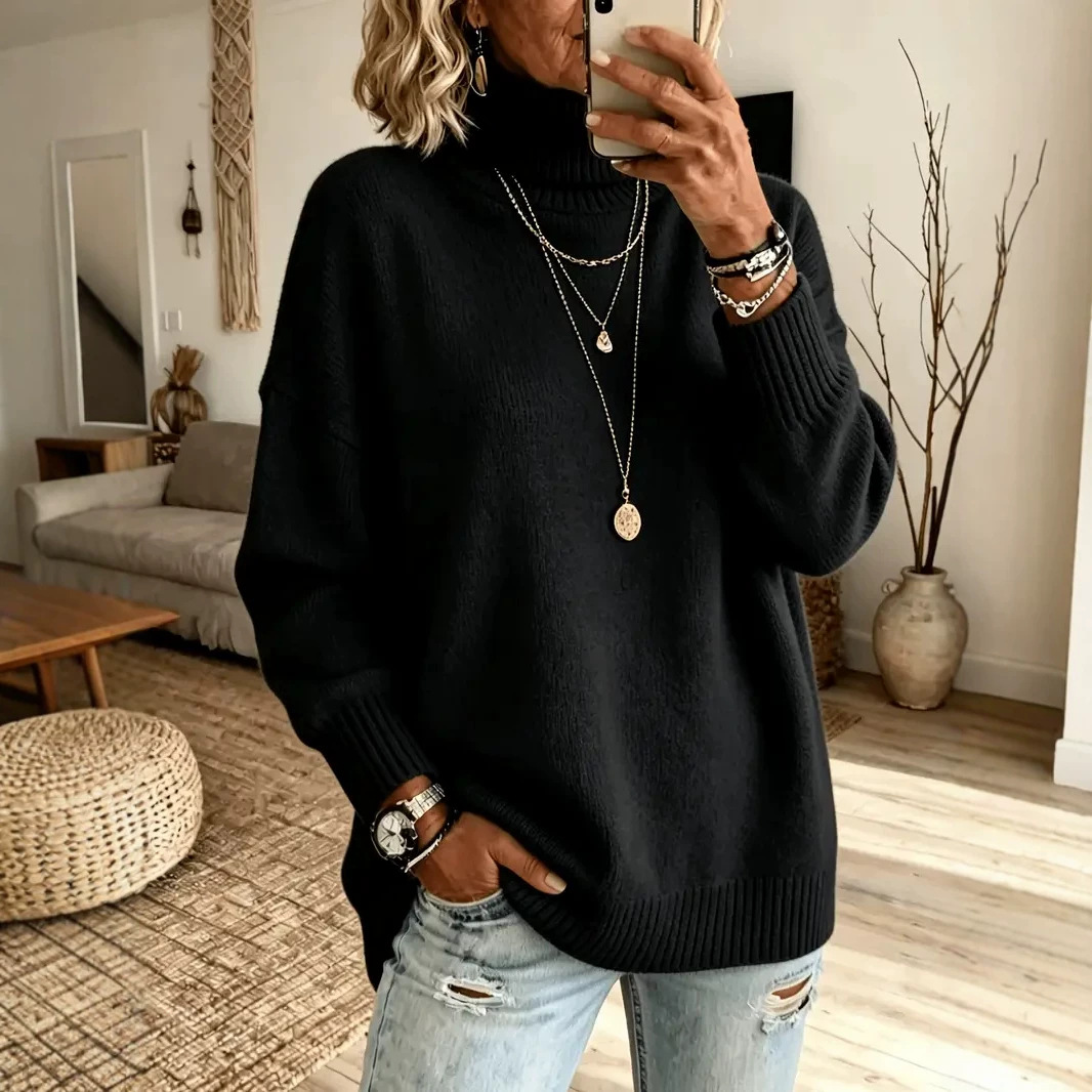Women's Lazy Pure Color Elegant Slit Loose Turtleneck Knit Sweater
