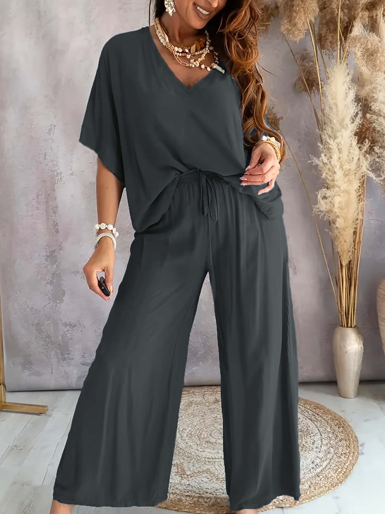 V-Neck Batwing Sleeve Wide-Leg Pants Set Women's Casual Loose Two-Piece