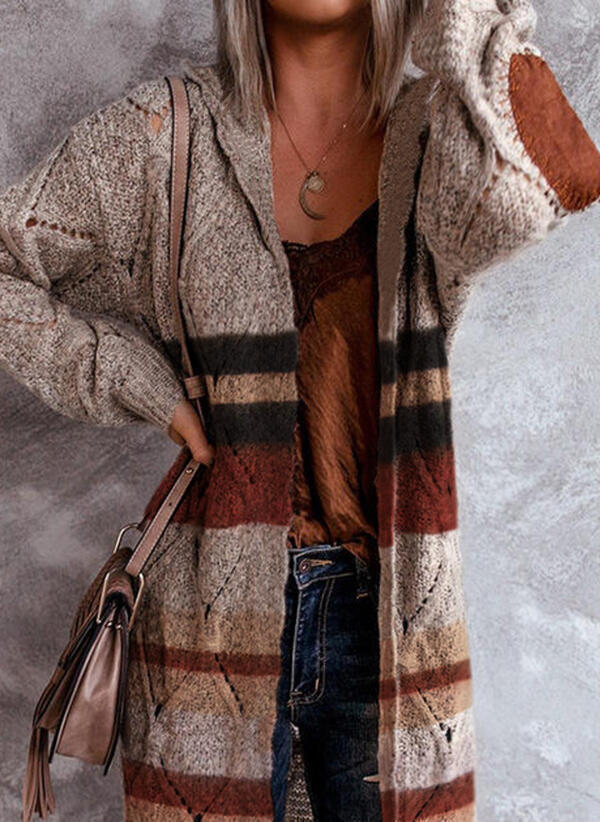 Long-Sleeve Hooded Open-Front Cardigan Sweater, Color-Block Hollow-Out Knit
