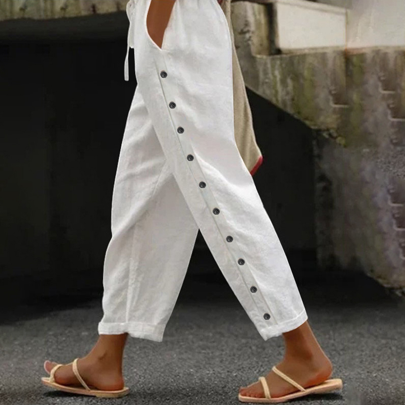 Women's Casual Patchwork Button Cropped Pants Straight Leg Drawstring Waist