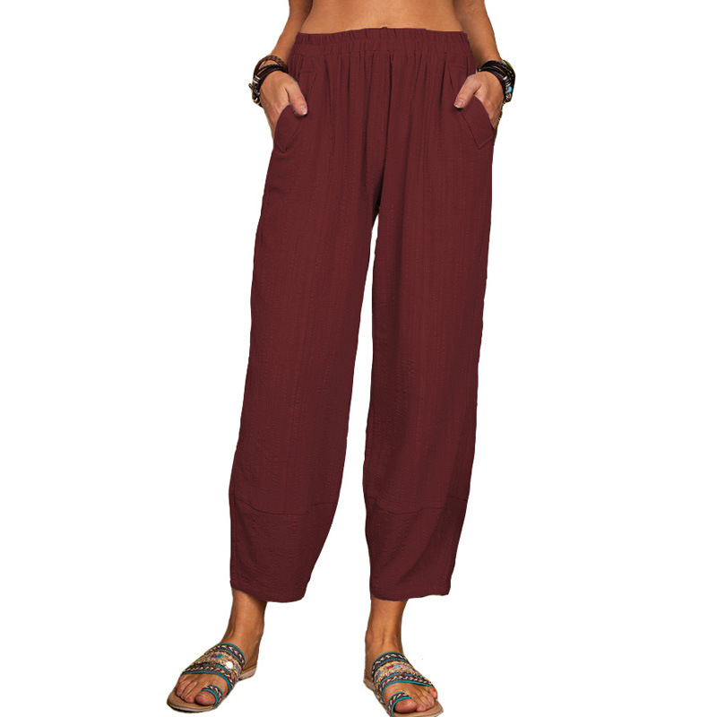 Women's Solid Cotton-Linen Wide-Leg Harem Pants Casual Loose Fit