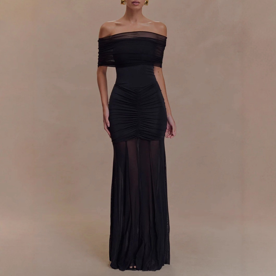 Women's Off-Shoulder Ruched Mesh Sheer Dress