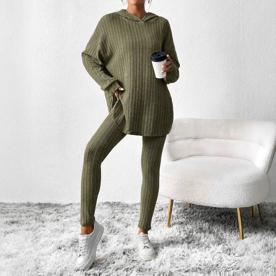Ribbed Knit Hooded Long Sleeve Lounge Set