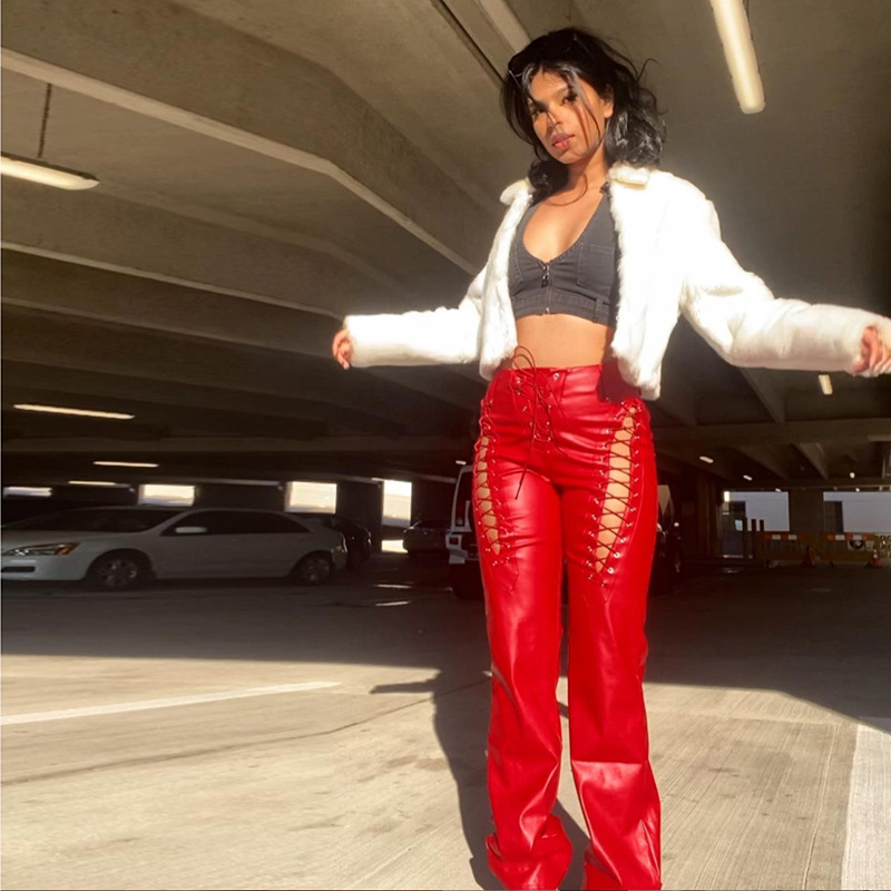 High-Waist Cutout Lace-Up Straight-Leg Slimming Faux Leather Pants