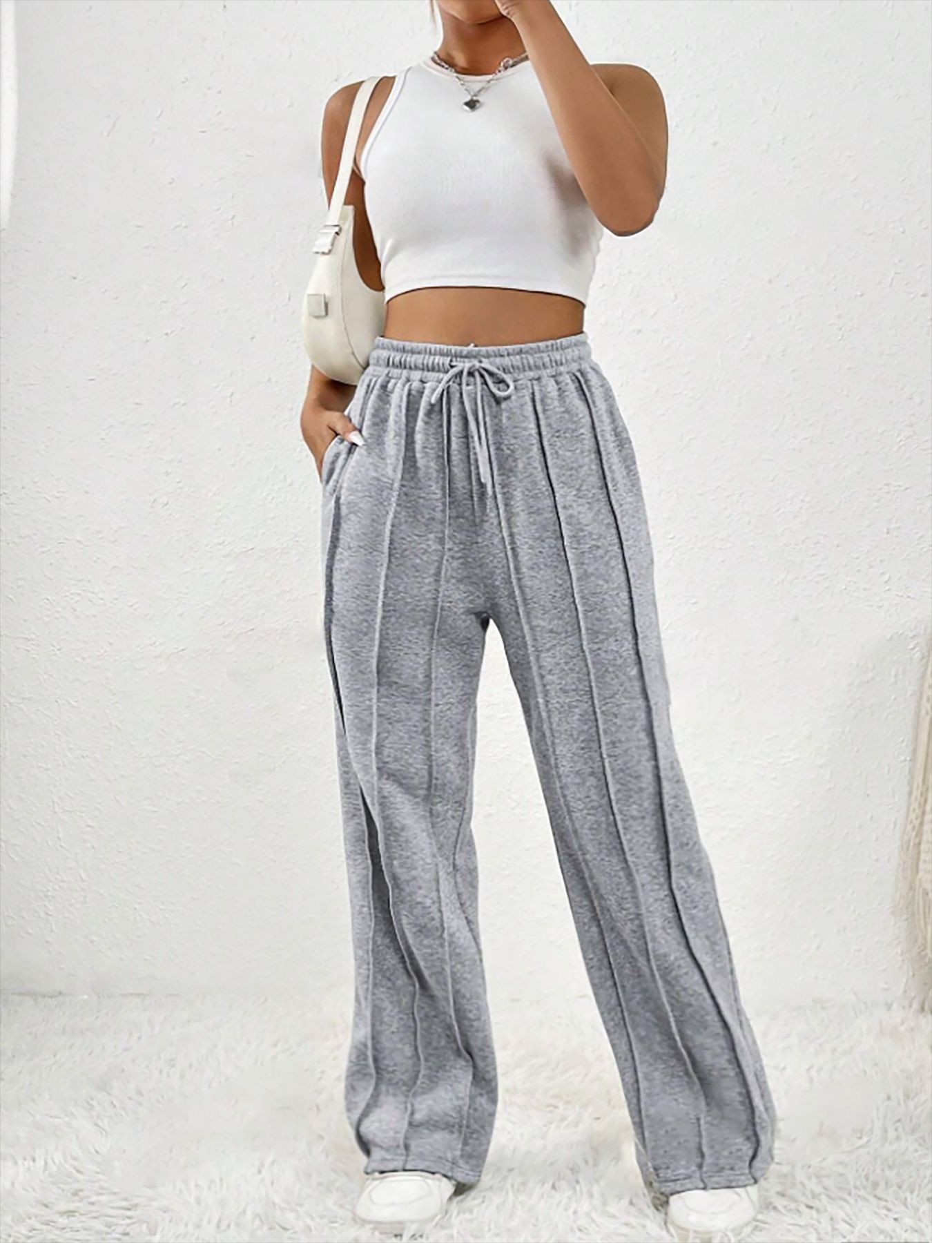 Women's Casual Drawstring Straight-Leg Track Pants with Vertical Stripes