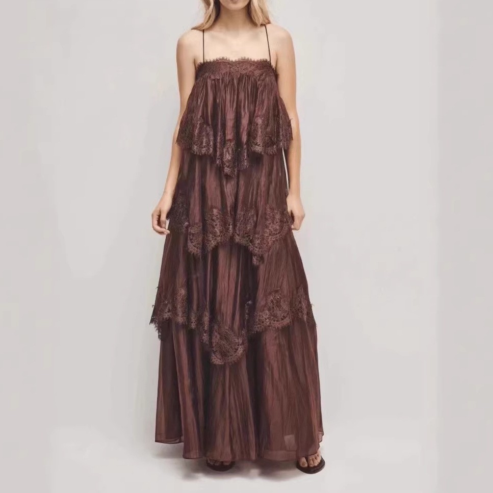 French Vintage Lace Gradient Cami Maxi Dress Tiered Ruffle