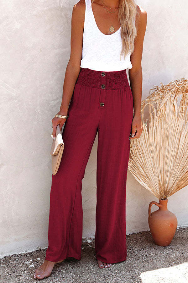 Women's Casual Wide-Leg Cotton-Linen Pants Solid Color High Waist Loose Fit