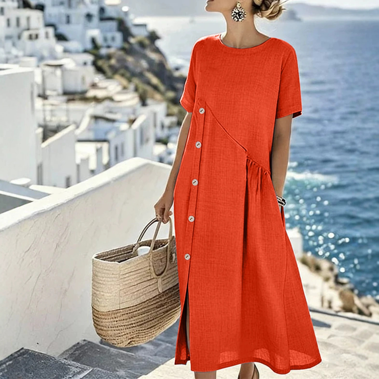 Casual Button-Trim Midi Dress with Pockets