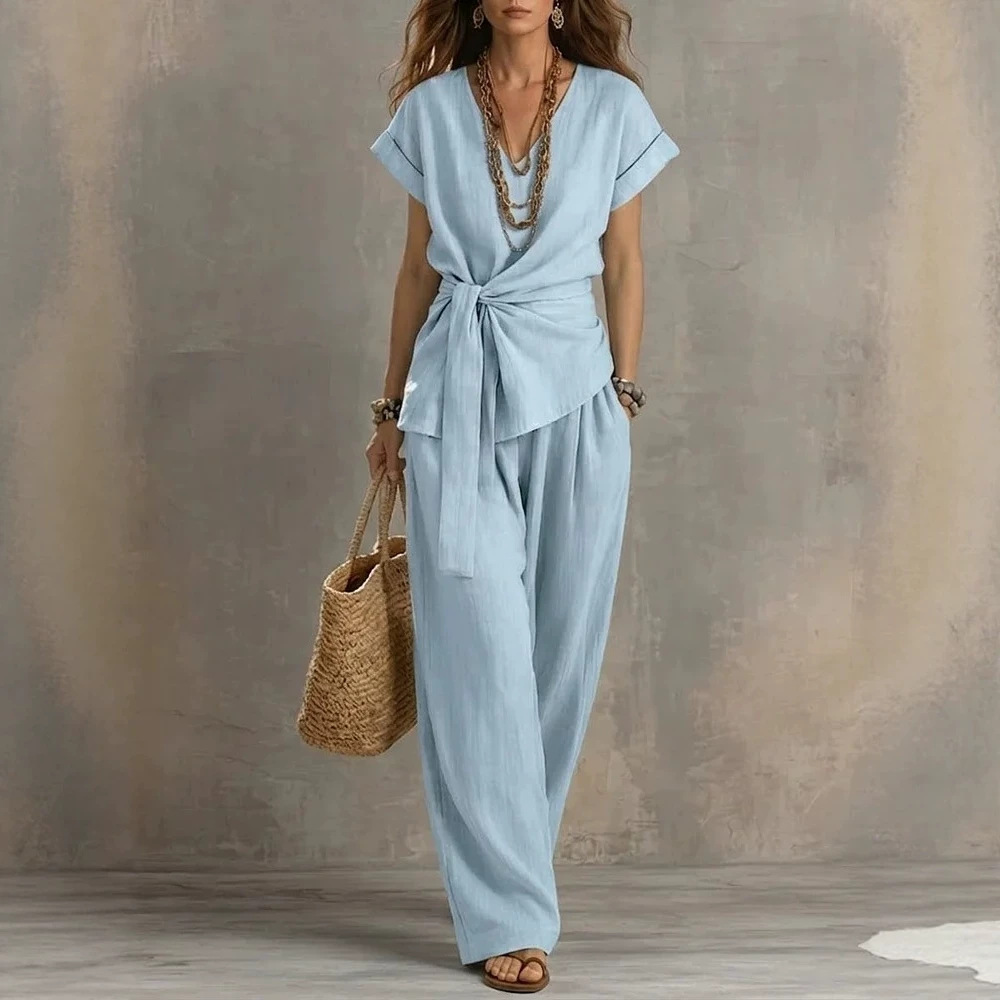 V-Neck Tie-Waist Top and Solid Casual Pants Set
