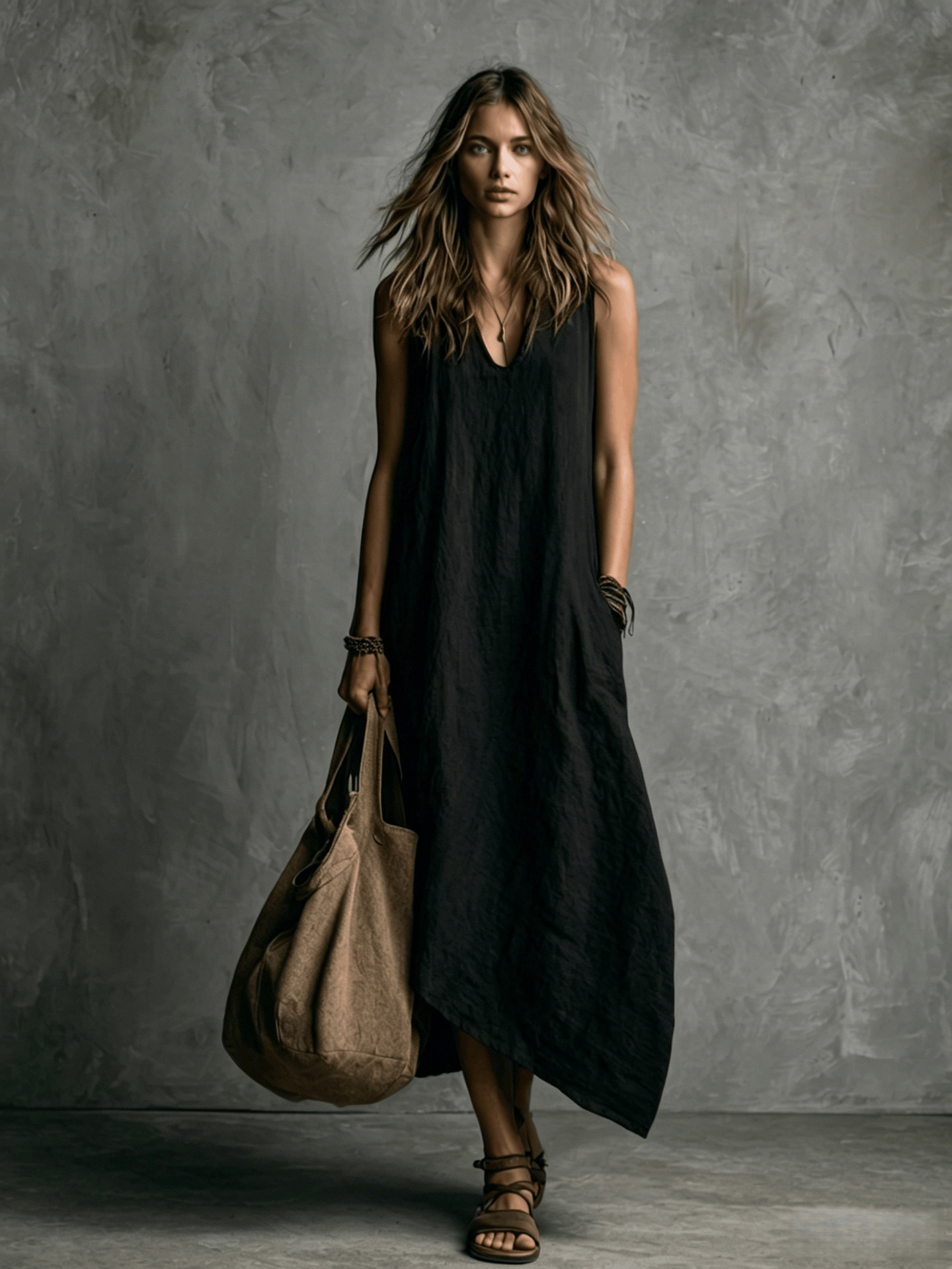 Sleeveless Colorblock Midi Dress with Pockets Linen Blend Vacation Casual