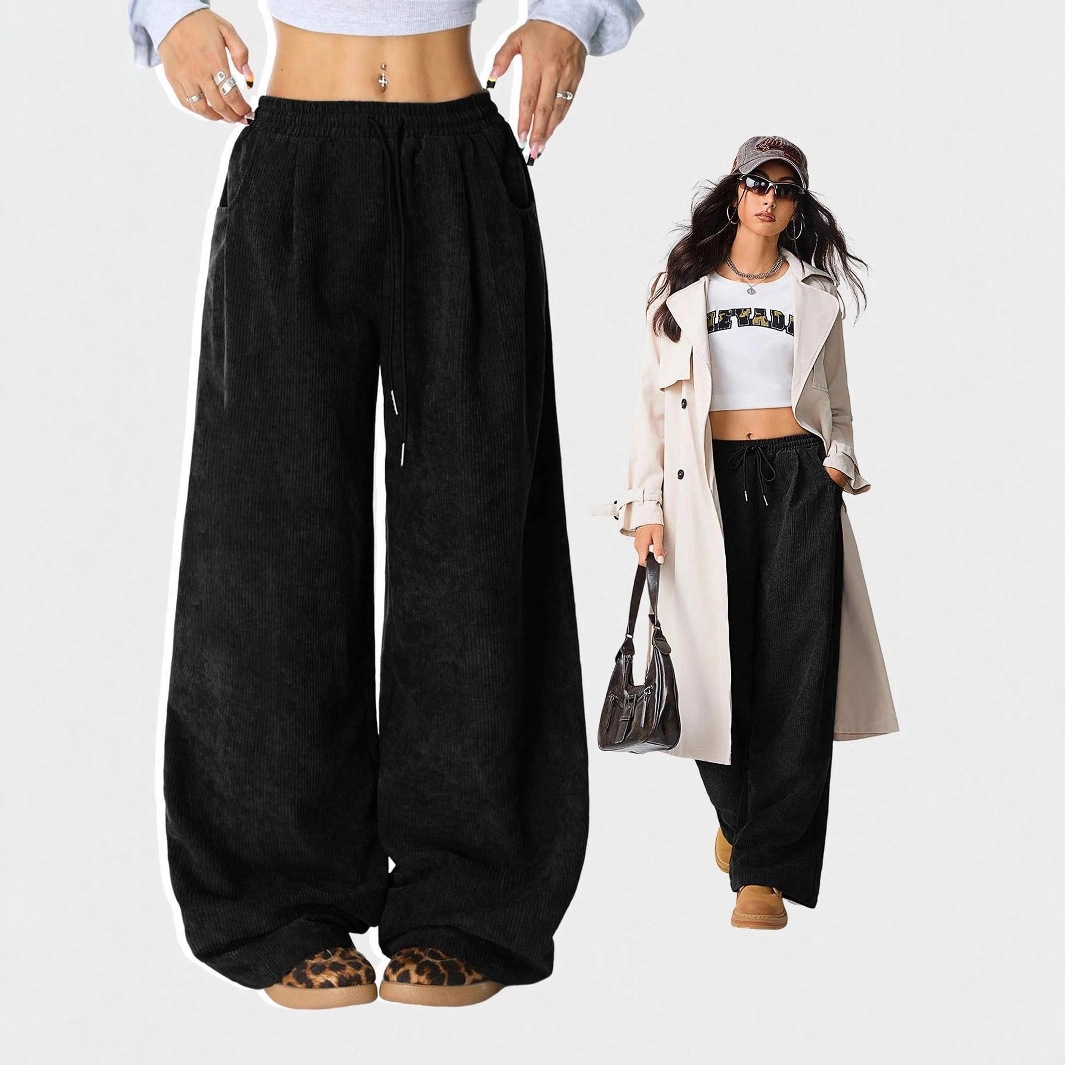 High-Waist Drawstring Wide-Leg Pants with Drapey Relaxed Fit