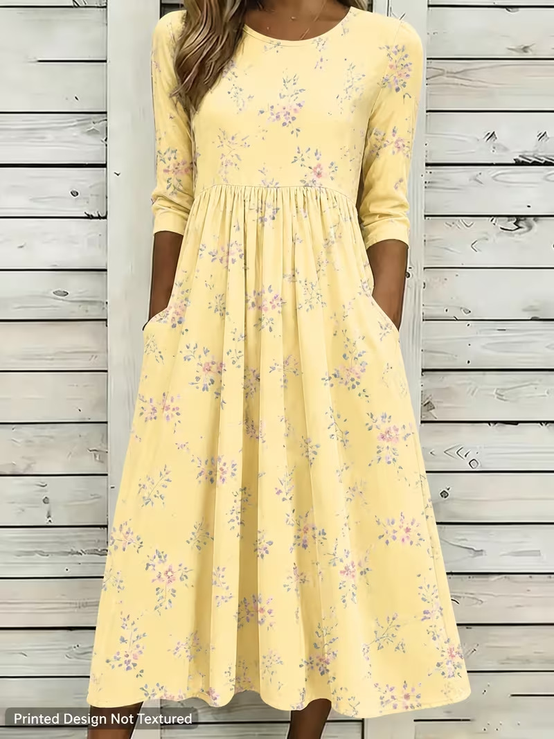 Women's Vintage Floral Print Pleated Midi Dress