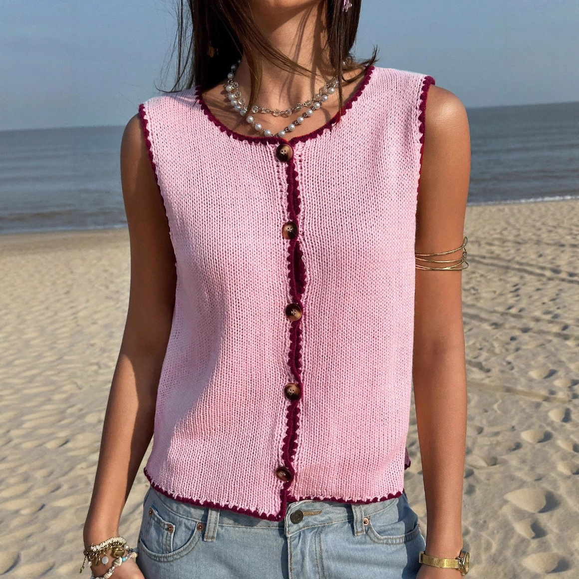 Women's Colorblock Trim Button-Front Sleeveless Sweater Vest