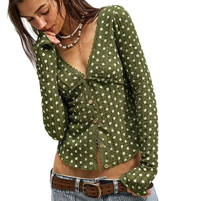 Polka Dot V-Neck Ruffle Lace Cropped Cardigan Knit Top