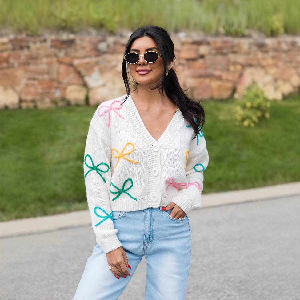 Bow Embroidered V-Neck Cardigan Sweater
